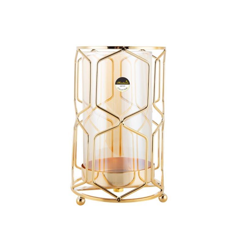 Γυάλινα Κηροπήγια με Χρυσές Μεταλλικές Λεπτομέρειες 13x21εκ