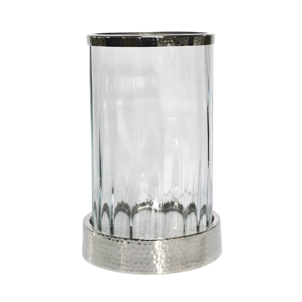 Διακοσμητικό Στρογγυλό Γυάλινο Βάζο με Μεταλλική Ασημί Βάση & Στεφάνι 15x15x23