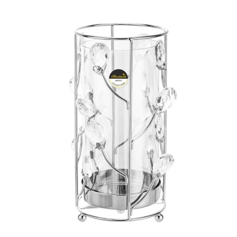 Κηροπήγιο Γυάλινο/Μέταλλο με Ασημί Διακοσμητικές Διακλαδώσεις 11.8x11.8x24