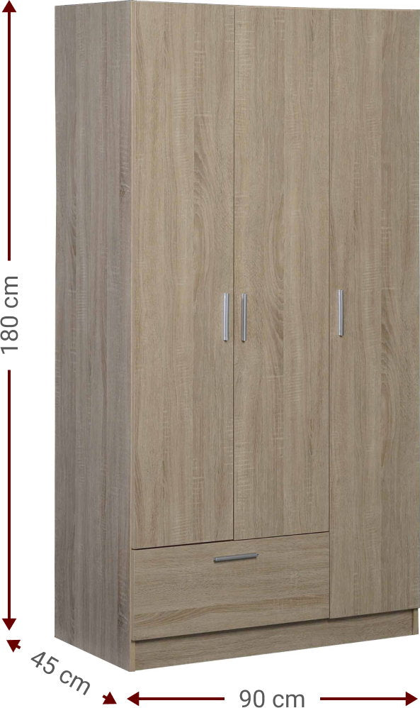 Ντουλάπα Wilson 3DS Τρίφυλλη Φυσικό 90x45x180