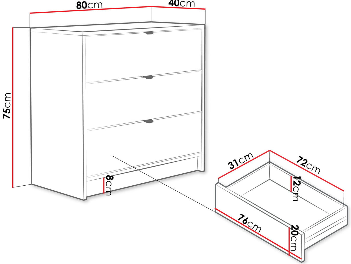 Tireno 3-Drawer Chest, Beige, 80x40x75