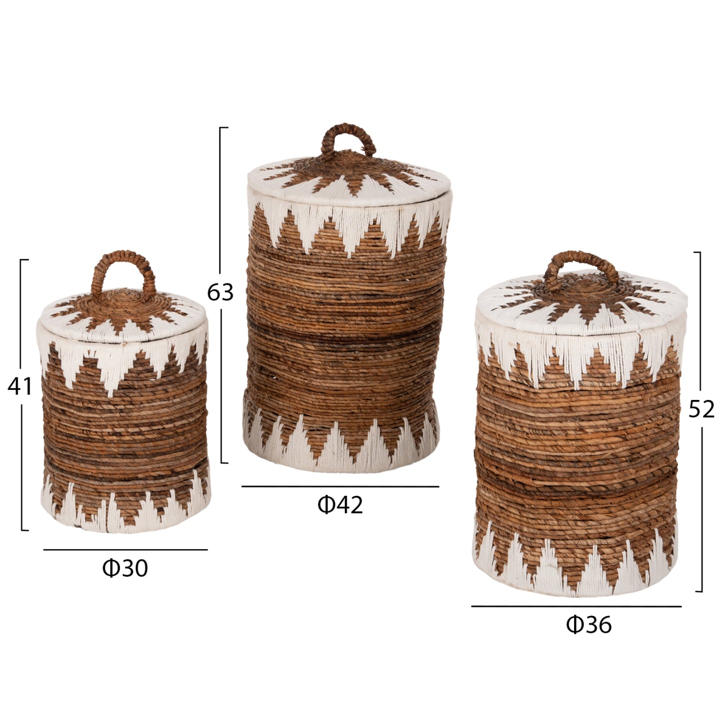 ROUND WICKER BASKETS WITH LID SET OF 3 PCS IN NATURAL WHITE Φ42x63