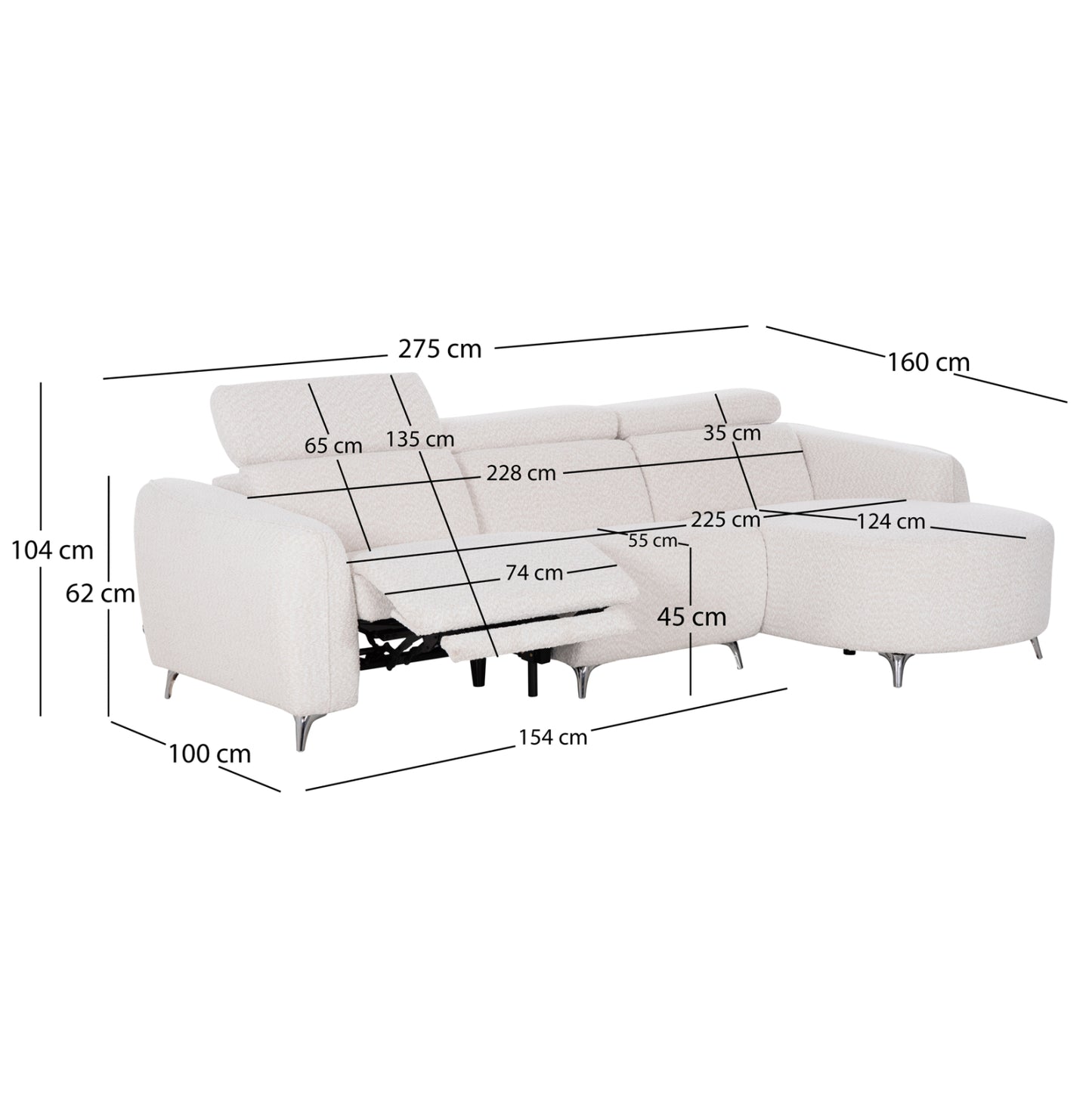 ΚΑΝΑΠΕΣ ΔΕΞΙΑ ΓΩΝΙΑ 3Θ ΜΕ RECLINE VALENTE ΜΠΕΖ ΥΦΑΣΜΑ 275x160x104
