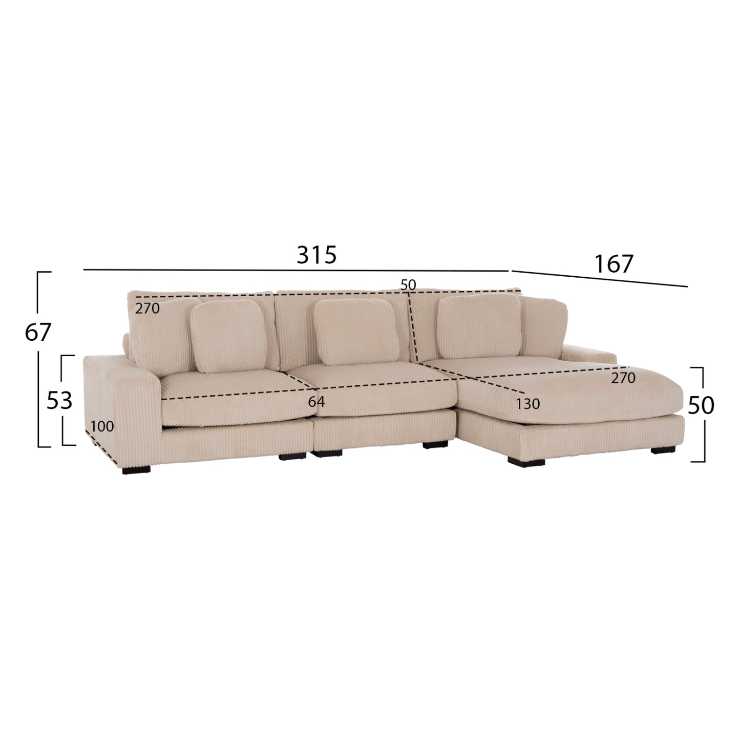 SOFA RIGHT CORNER CRANFIELD BEIGE STRIPED FABRIC 315x167x67