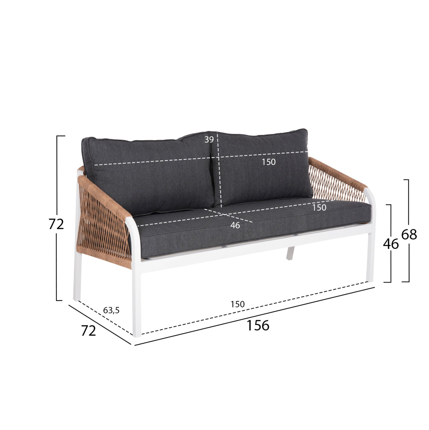 OUTDOOR SOFA 3-SEATER MAERLY ALUMINUM WHITE ROPE ANTHRACITE CUSHIONS