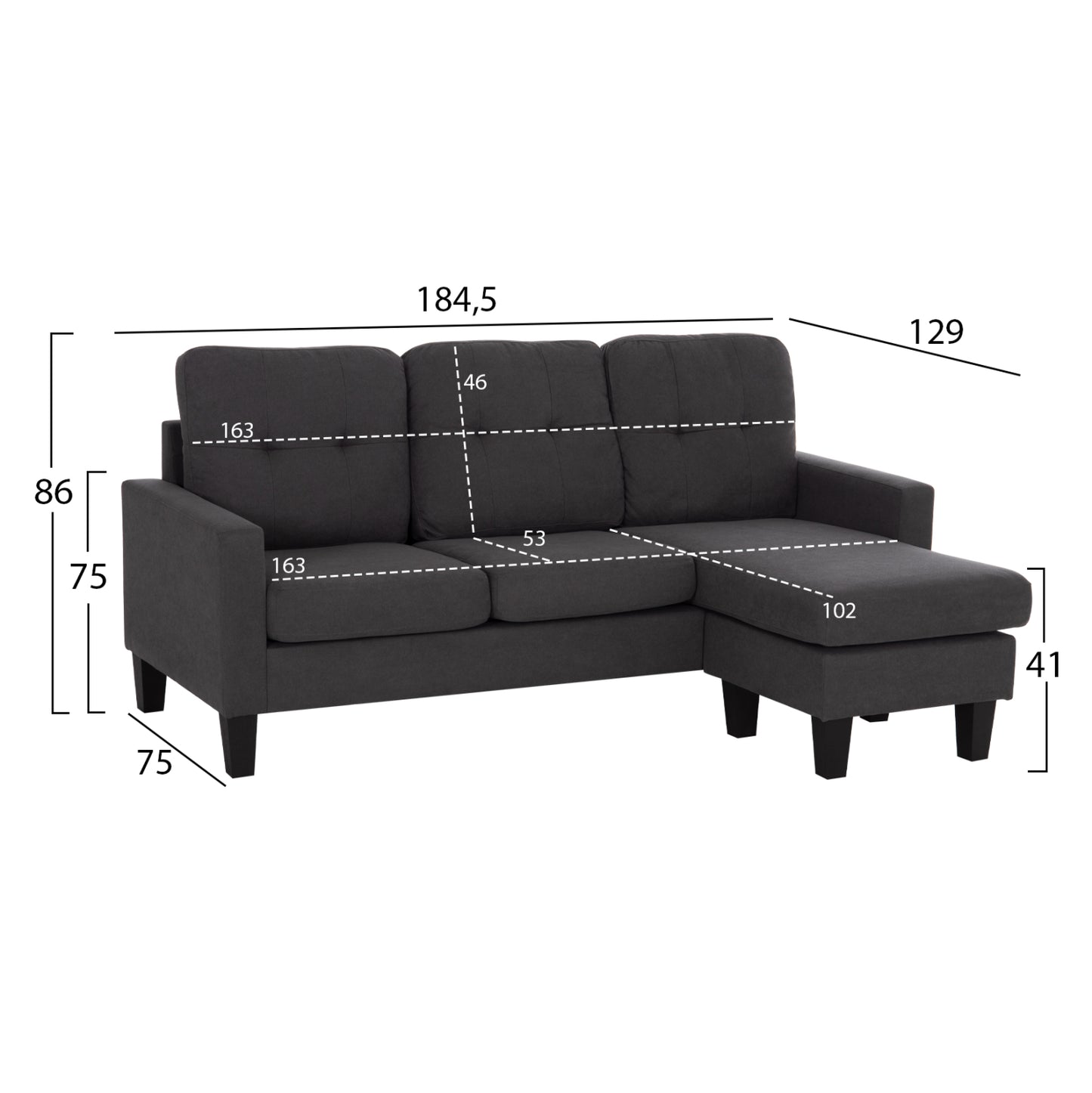CORNER SOFA REVERSIBLE MEGGY GREY FABRIC 184.5x75-129x86