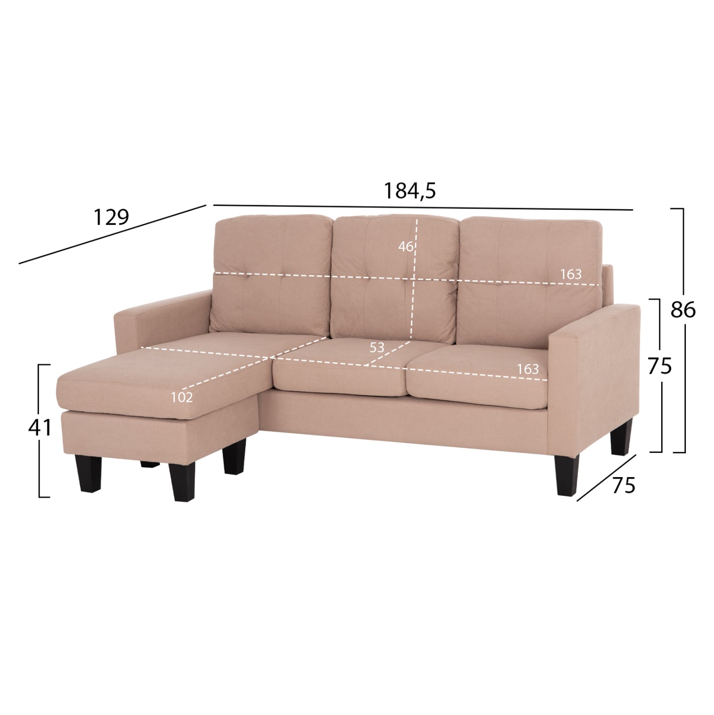 CORNER SOFA REVERSIBLE MEGGY BEIGE FABRIC 184.5x75-129x86