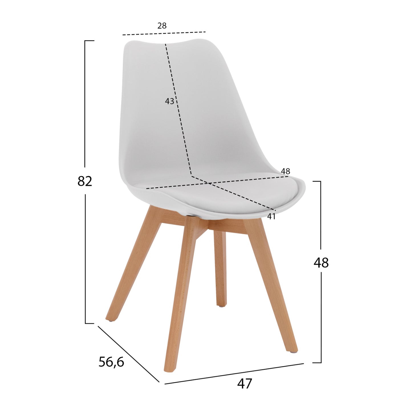 VEGAS CHAIR WITH WOODEN LEGS AND WHITE SEAT 47x56.6x82