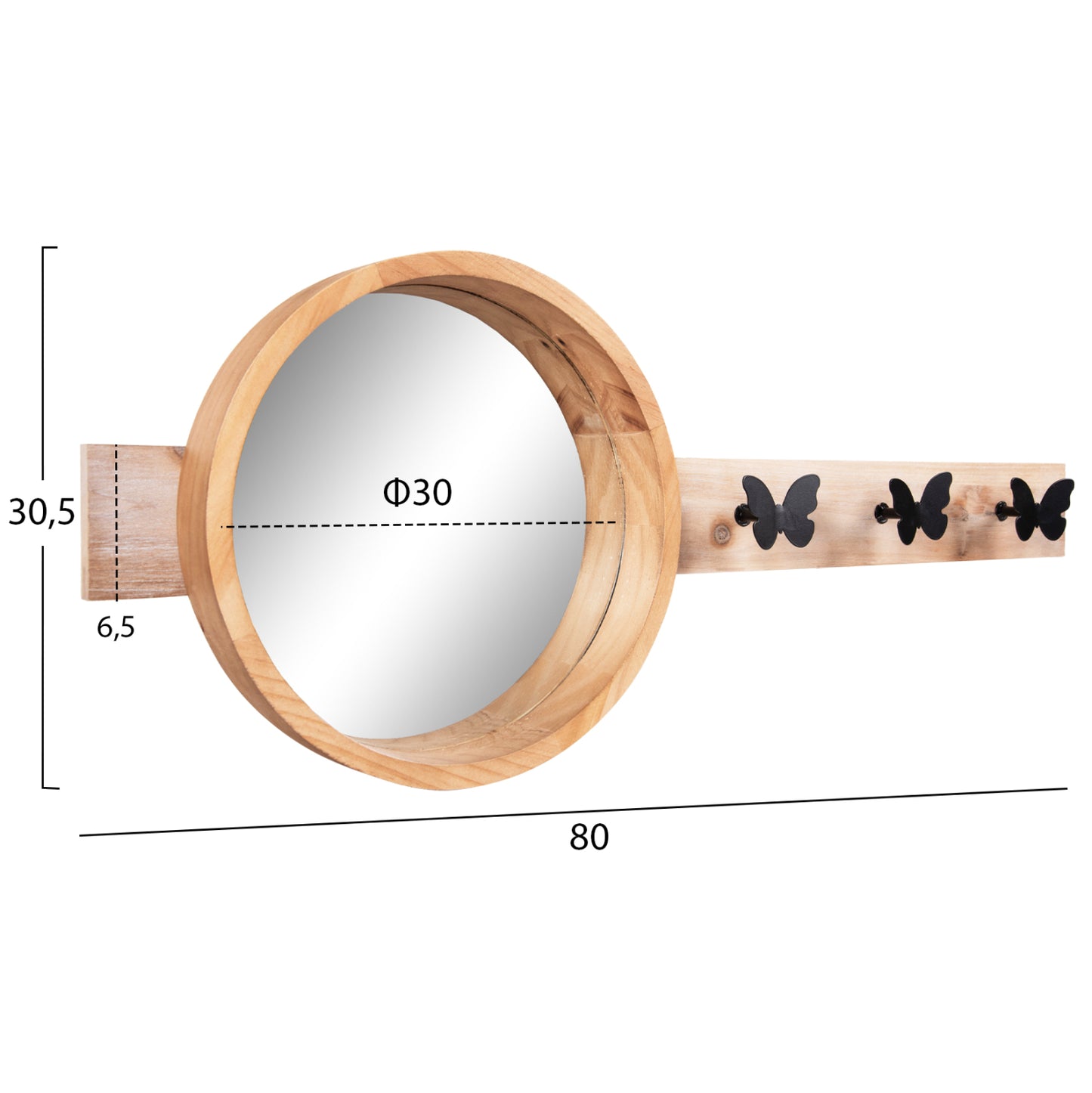 WALL MIRROR ROUND SCUTTLE FIR WOOD & MDF BLACK METAL 80x6,5x30,5