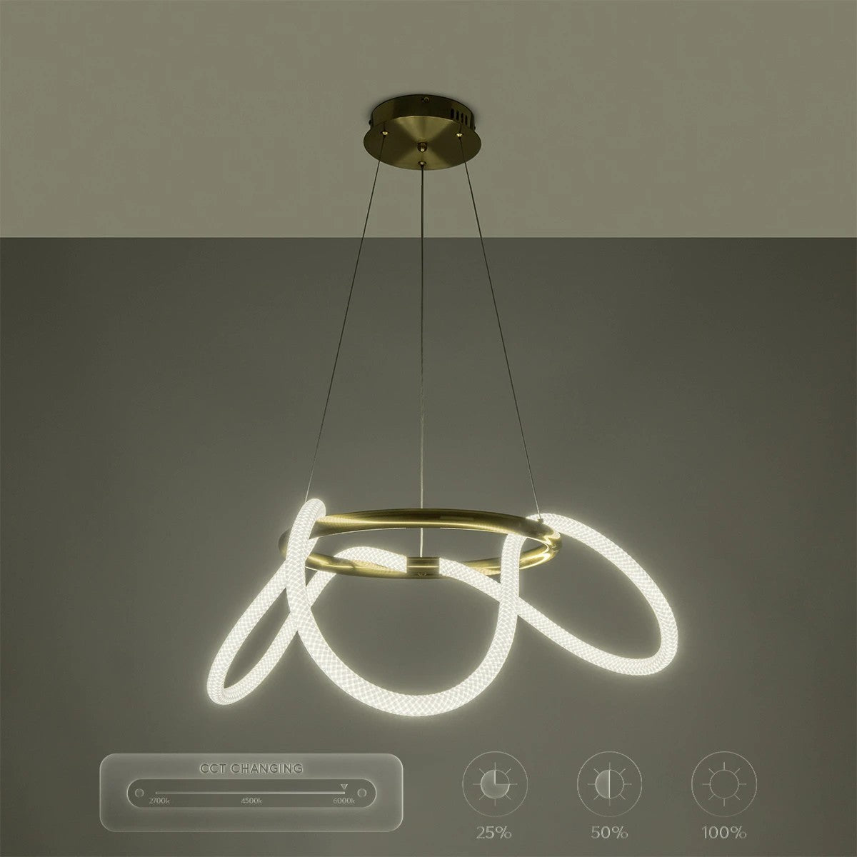 GLOW KLV-101-0162 Κρεμαστό Φωτιστικό Οροφής LED 36W 3600lm 360° AC 220-240V IP20 Ρυθμιζόμενο Λευκό CCT με Χειριστήριο από 2700K έως 6000K Dimmable - Lumileds SMD Chip - Χρυσό Πλατίνα - Μ70 x Π70 x Υ40