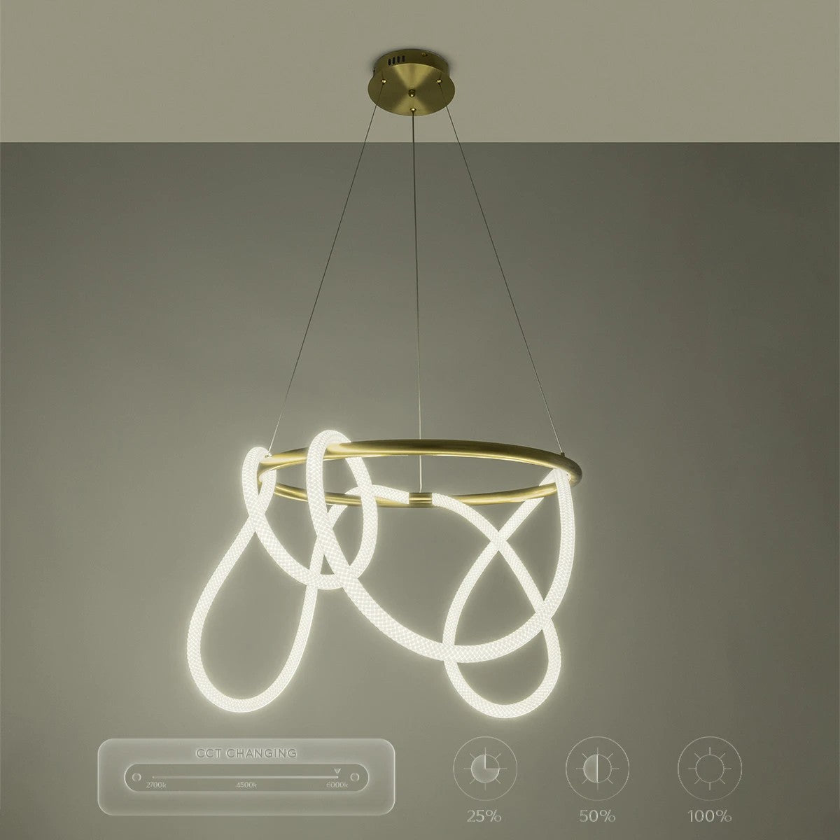 GLOW KLV-101-0163 Κρεμαστό Φωτιστικό Οροφής LED 58W 5800lm 360° AC 220-240V IP20 Ρυθμιζόμενο Λευκό CCT με Χειριστήριο από 2700K έως 6000K Dimmable - Lumileds SMD Chip - Χρυσό Πλατίνα - Μ80 x Π80 x Υ40