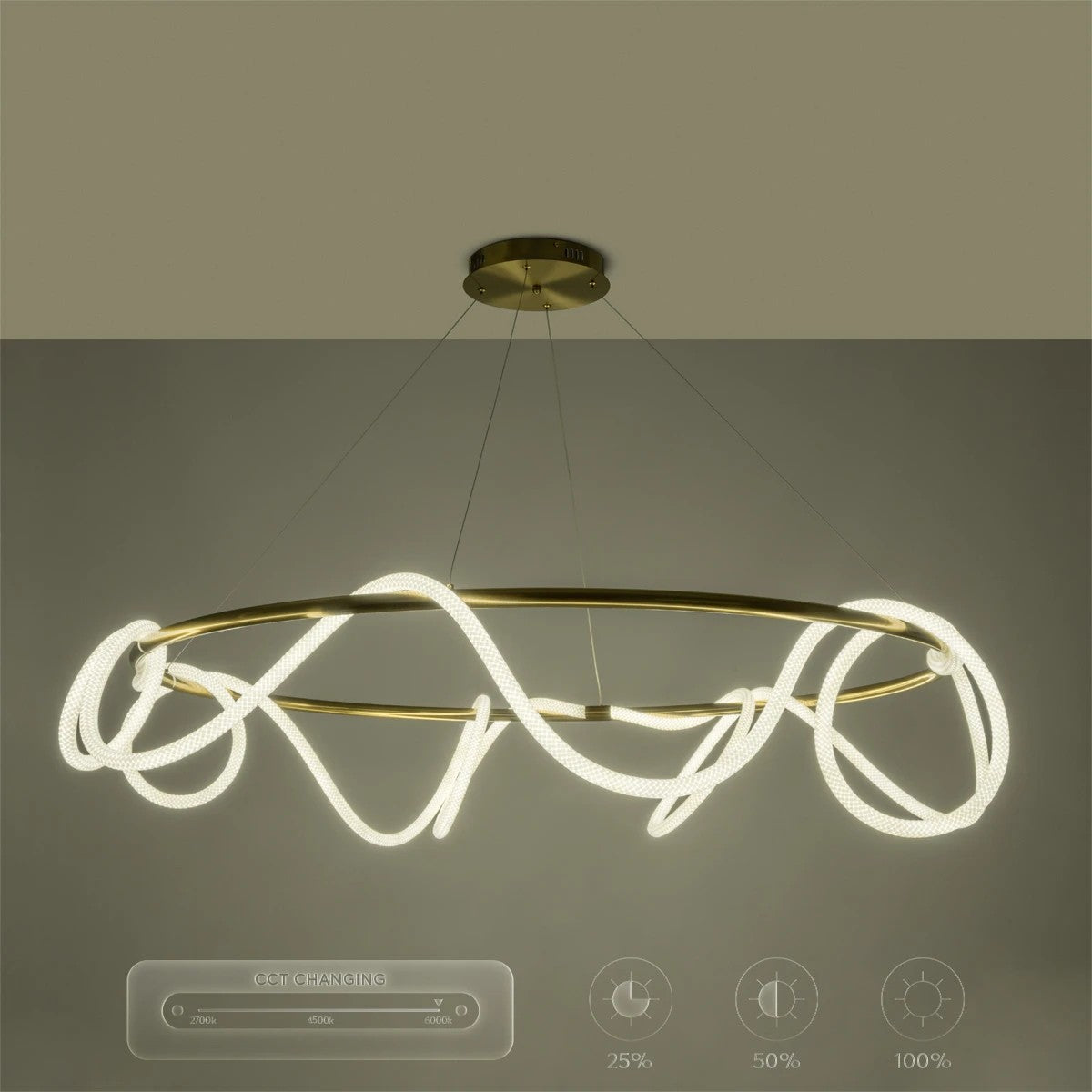 GLOW KLV-101-0165 Κρεμαστό Φωτιστικό Οροφής LED 100W 10000lm 360° AC 220-240V IP20 Ρυθμιζόμενο Λευκό CCT με Χειριστήριο από 2700K έως 6000K Dimmable - Lumileds SMD Chip - Χρυσό Πλατίνα - Μ150 x Π150 x Υ100