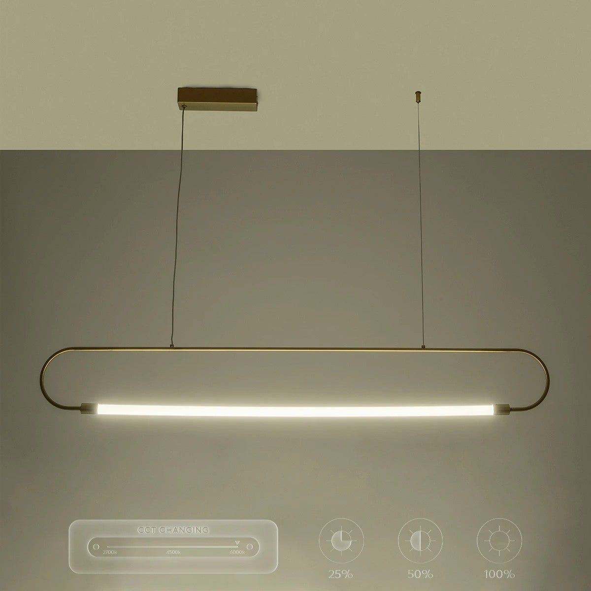 GLOW KLV-101-0177 Κρεμαστό Φωτιστικό Οροφής LED 15W 1500lm 360° AC 220-240V IP20 Ρυθμιζόμενο Λευκό CCT με Χειριστήριο από 2700K έως 6000K Dimmable - Lumileds SMD Chip - Χρυσό Πλατίνα - Μ120 x Π3 x Υ17