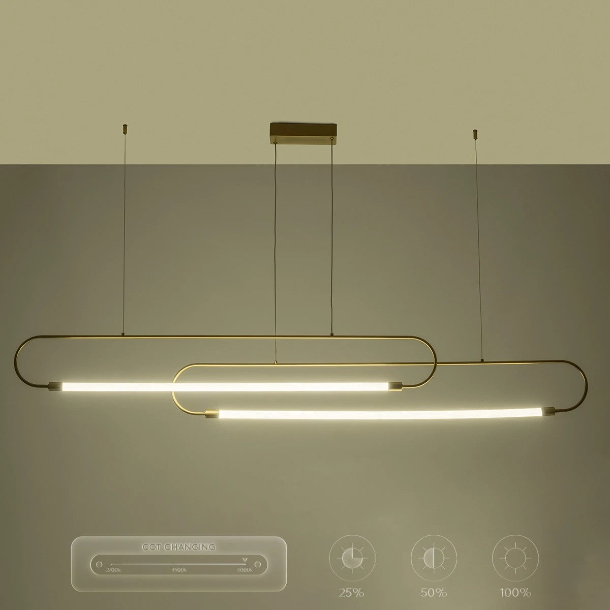 GLOW KLV-101-0178 Κρεμαστό Φωτιστικό Οροφής LED 28W 2800lm 360° AC 220-240V IP20 Ρυθμιζόμενο Λευκό CCT με Χειριστήριο από 2700K έως 6000K Dimmable - Lumileds SMD Chip - Χρυσό Πλατίνα - Μ167 x Π7 x Υ24