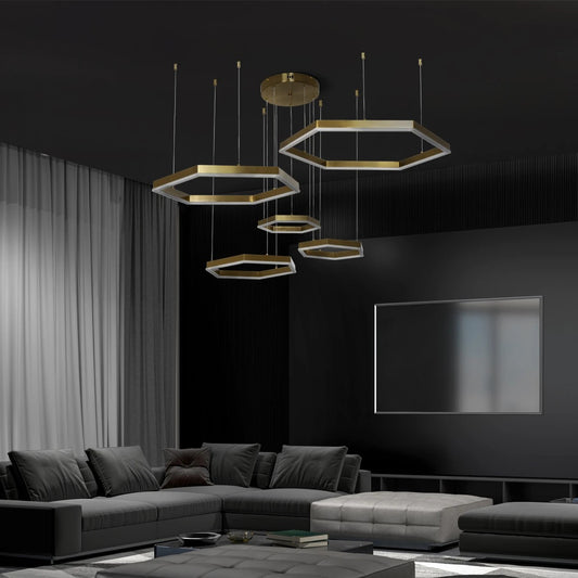 LEXAGON KLV-101-0180 Κρεμαστό Φωτιστικό Οροφής LED 120W 12000lm 200° AC 220-240V IP20 Ρυθμιζόμενο Λευκό CCT με Χειριστήριο από 2700K έως 6000K Dimmable - Lumileds SMD Chip - Χρυσό Πλατίνα - Μ110 x Π90 x Υ110