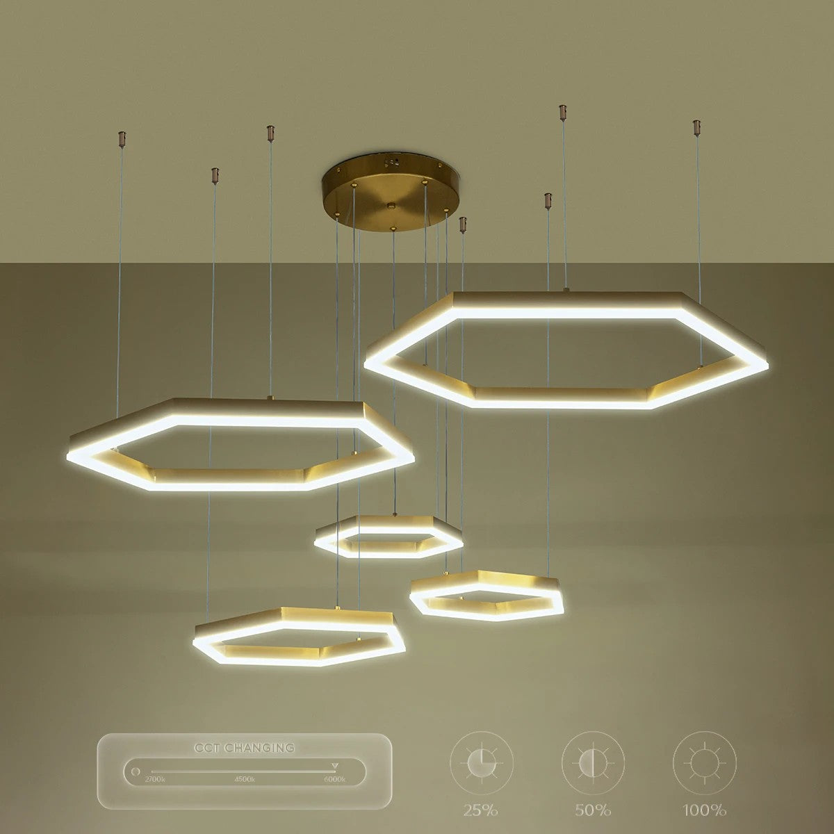 LEXAGON KLV-101-0180 Κρεμαστό Φωτιστικό Οροφής LED 120W 12000lm 200° AC 220-240V IP20 Ρυθμιζόμενο Λευκό CCT με Χειριστήριο από 2700K έως 6000K Dimmable - Lumileds SMD Chip - Χρυσό Πλατίνα - Μ110 x Π90 x Υ110