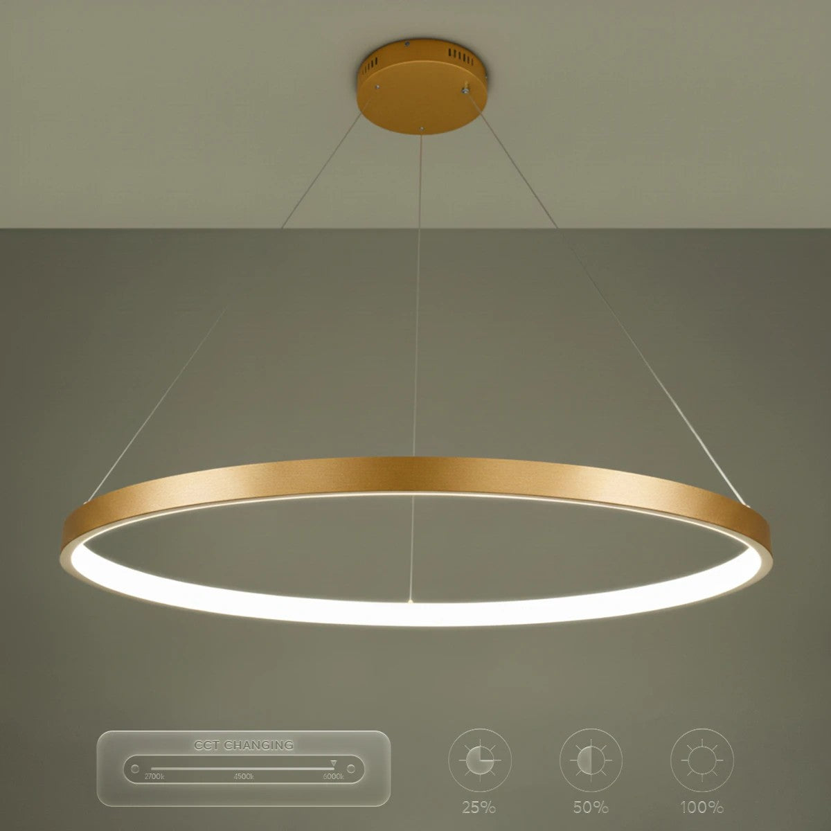 NEMESIS KLV-101-0216 Κρεμαστό Φωτιστικό Οροφής LED 75W 7500lm 180° AC 220-240V IP20 Ρυθμιζόμενο Λευκό CCT με Χειριστήριο από 2700K έως 6000K Dimmable - Lumileds SMD Chip - Χρυσό Πλατίνα - Μ100 x Π100 x Υ4