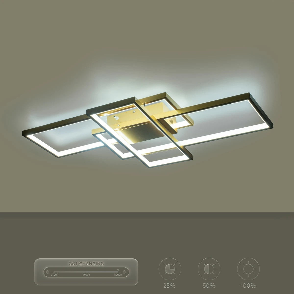 QUADRA KLV-101-0295 Φωτιστικό Οροφής LED 100W 10000lm 120° AC 220-240V IP20 Ρυθμιζόμενο Λευκό CCT με Χειριστήριο από 2700K έως 6000K Dimmable - Lumileds SMD Chip - Σαμπανιζέ Χρυσό Ματ - Μ85 x Π45 x Υ9