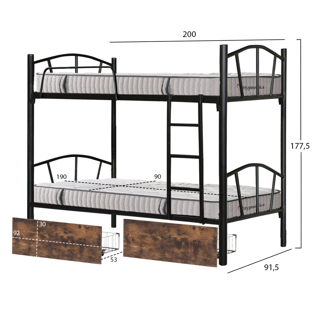 ΚΟΥΚΕΤΑ ΜΕ 2 ΣΥΡΤΑΡΙΑ ΚΑΦΕ & ΣΤΡΩΜΑΤΑ 90X190εκ FLOOR ΜΕΤΑΛΛΟ ΜΑΥΡΟ