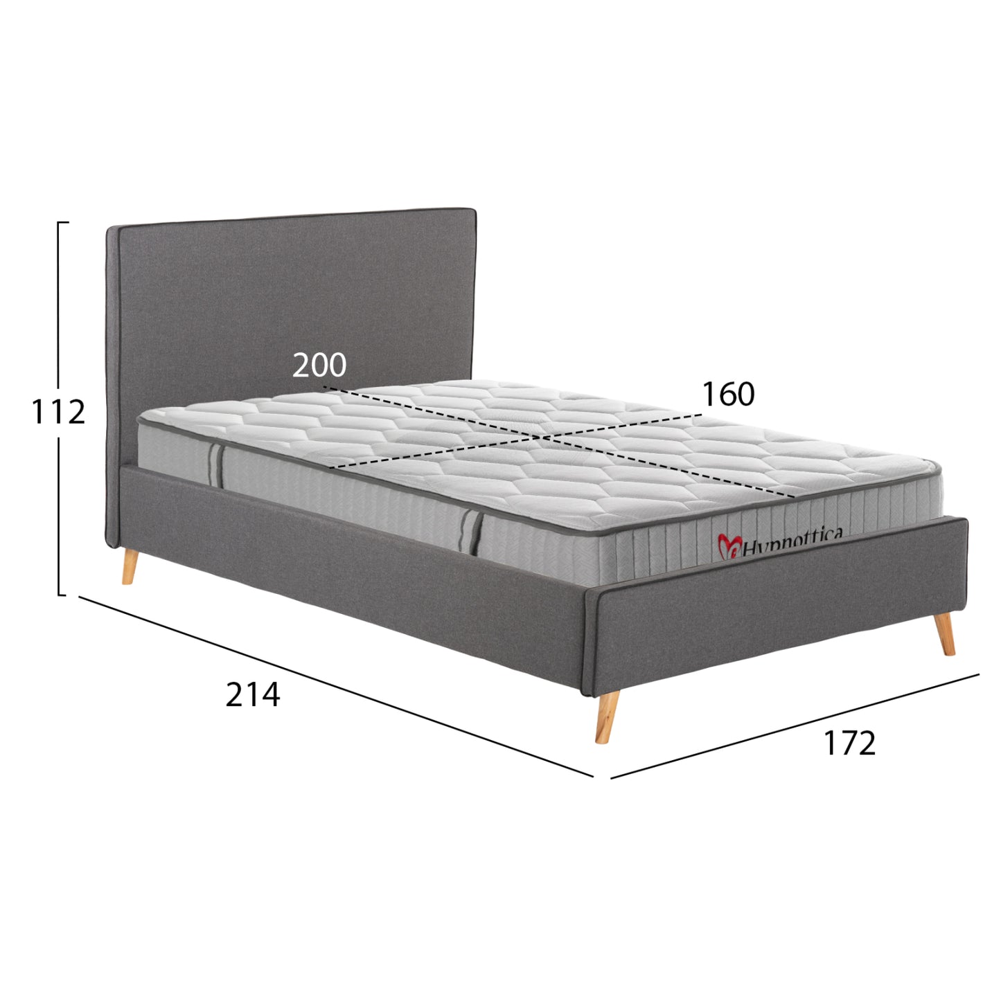 DOUBLE BED WITH INDRA MATTRESS GREY FABRIC FOR 160x200cm MATTRESS