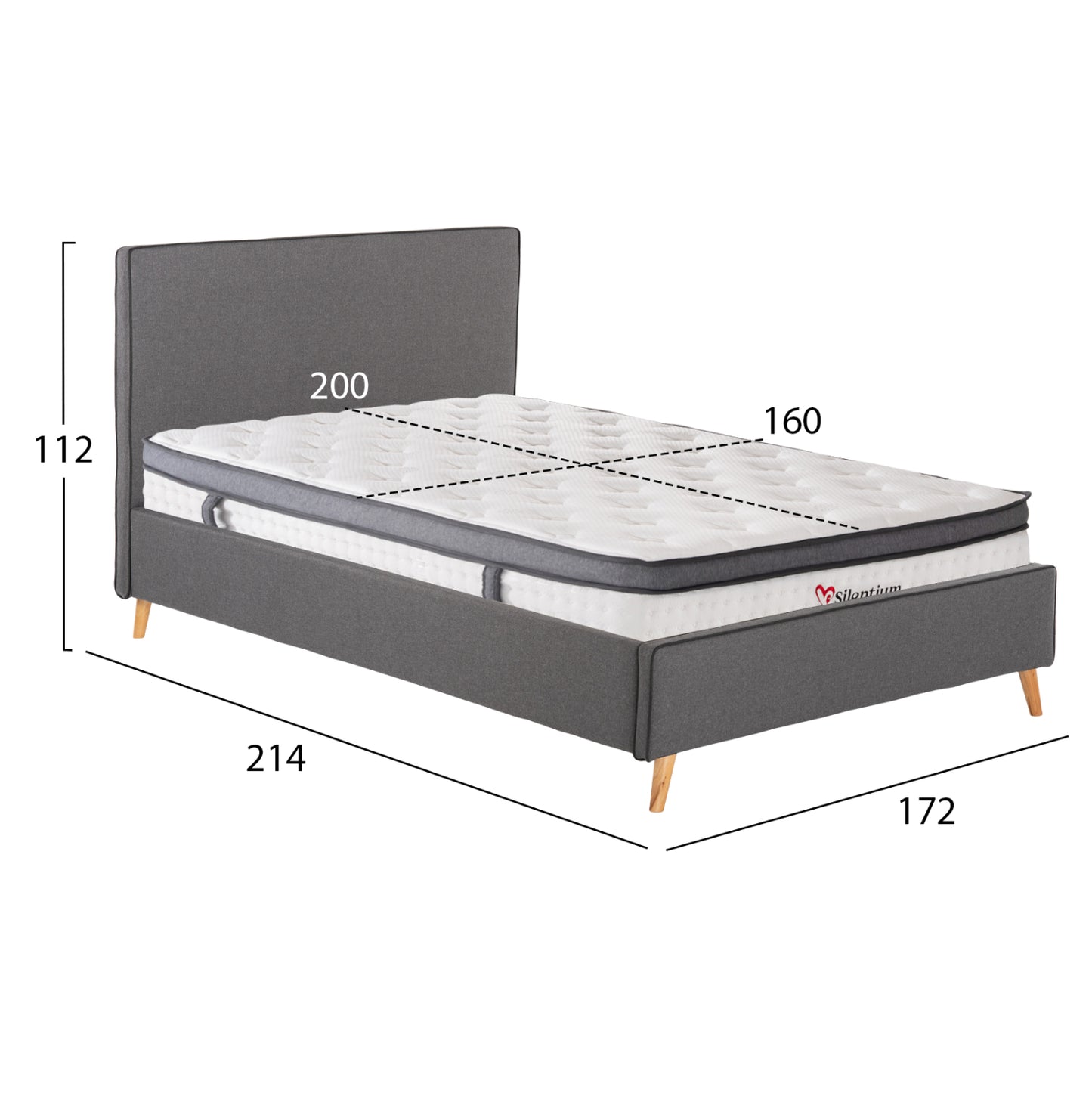 DOUBLE BED WITH INDRA MATTRESS GREY FABRIC FOR 160x200cm MATTRESS