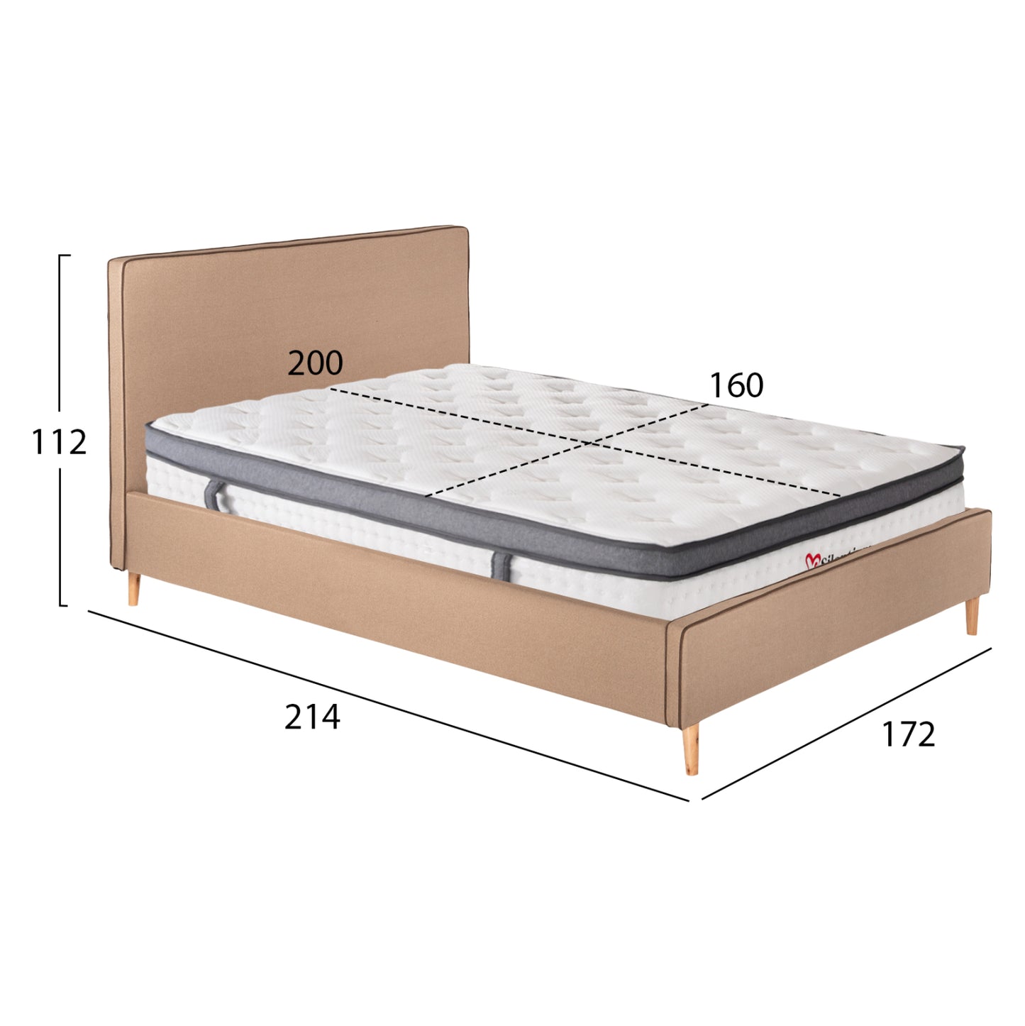 DOUBLE BED WITH INDRA MATTRESS BEIGE FABRIC FOR MATTRESS 160x200cm