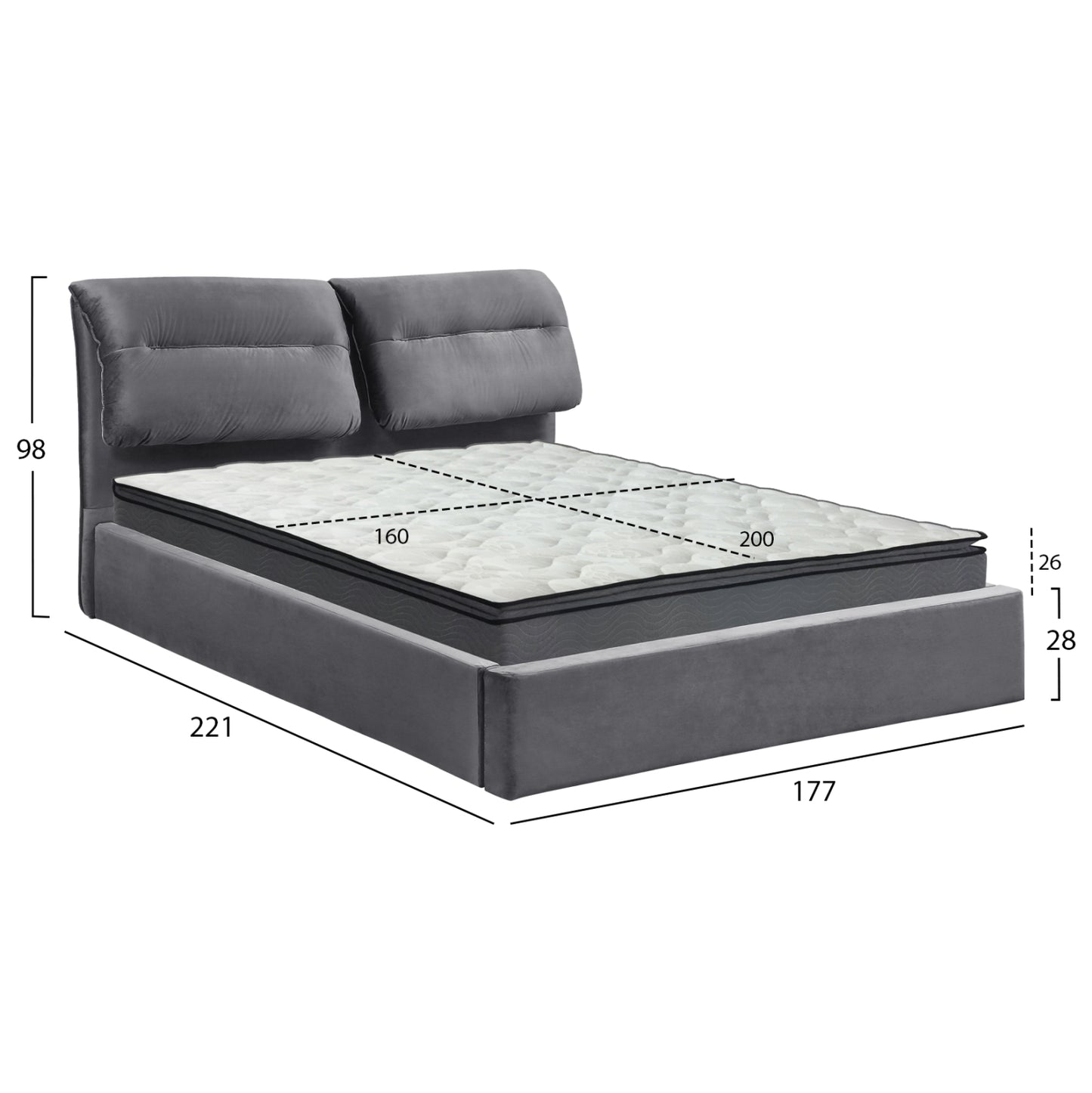 DOUBLE BED & KENDRA MATTRESS GREY VELVET WITH STORAGE FOR 160x200cm