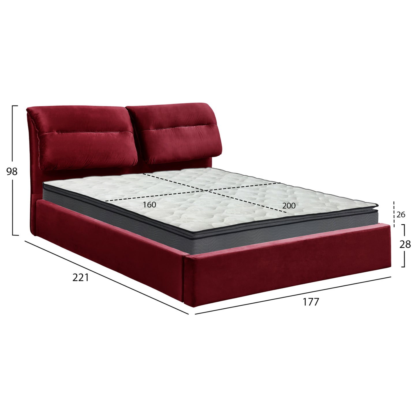 DOUBLE BED & KENDRA MATTRESS BURGUNDY VELVET STORAGE SPACE 160x200cm