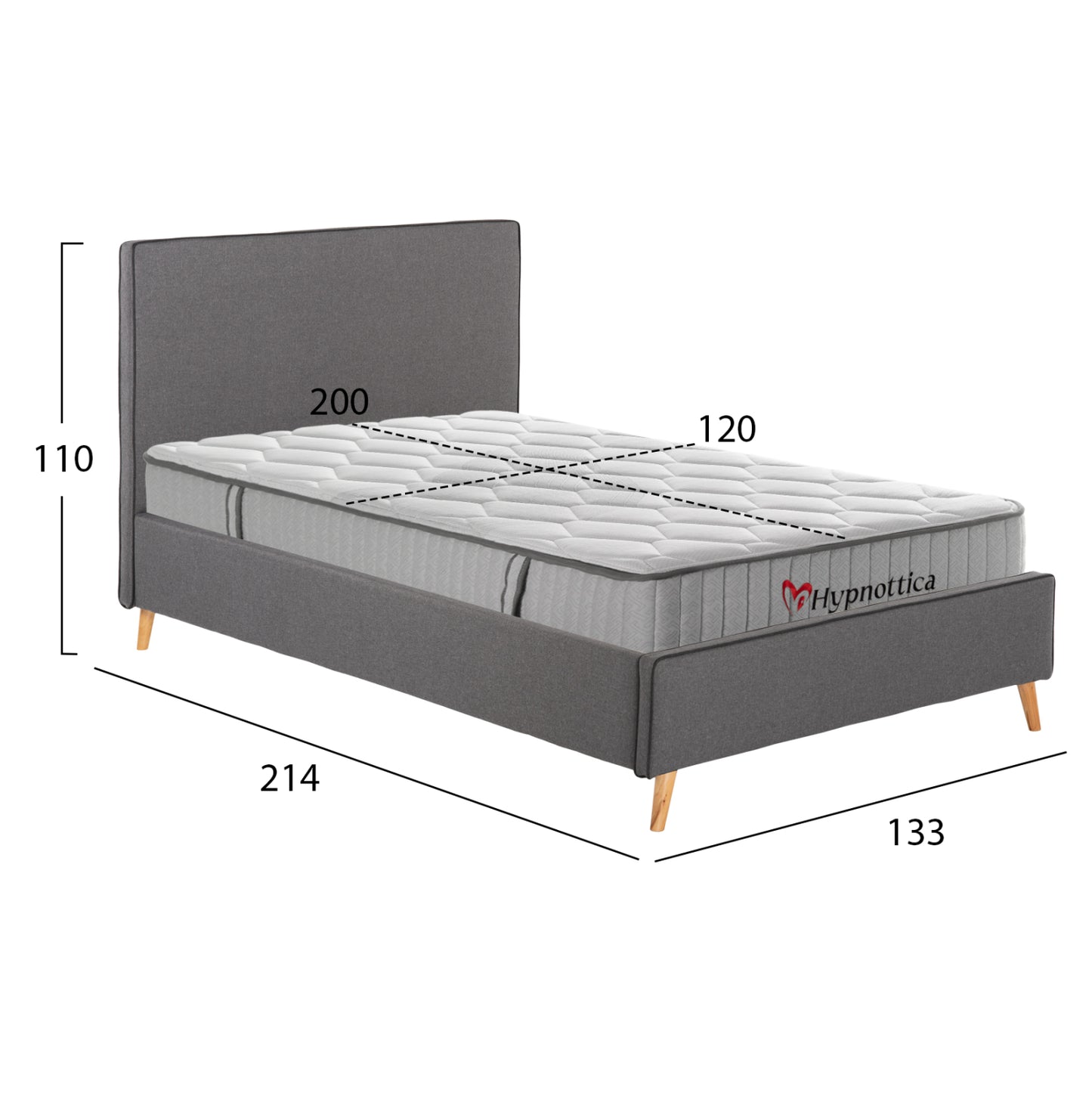 SEMI-DOUBLE BED WITH MAYLIN MATTRESS GREY FABRIC MATTRESS 120x200cm