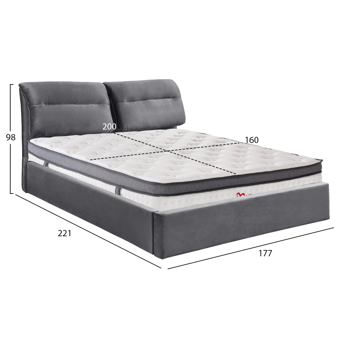 BED WITH MATTRESS & STORAGE KENDRA GREY VELVET FOR MATTRESS 160x200cm