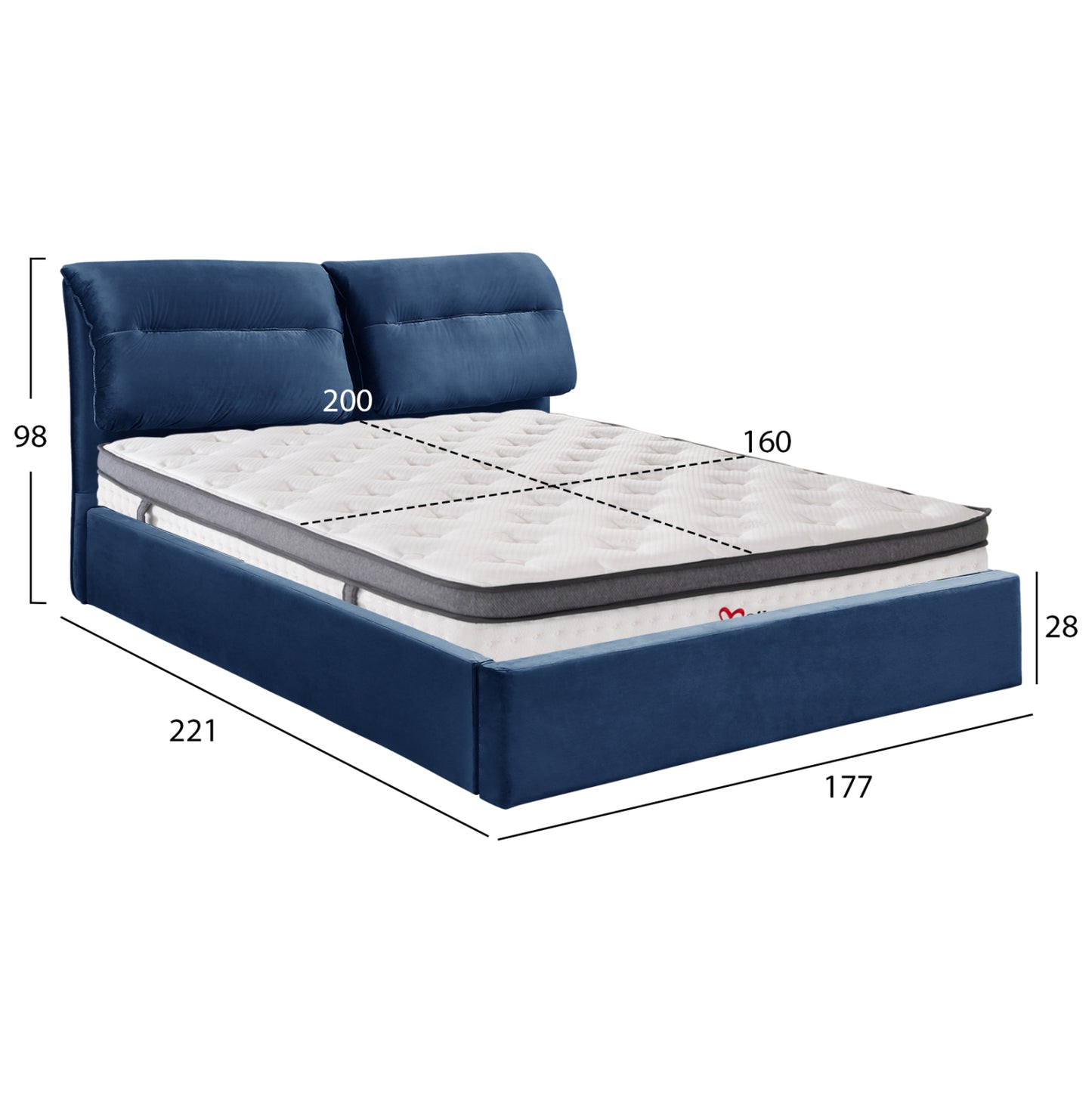 BED WITH MATTRESS & STORAGE KENDRA BLUE VELVET MATTRESS 160x200cm