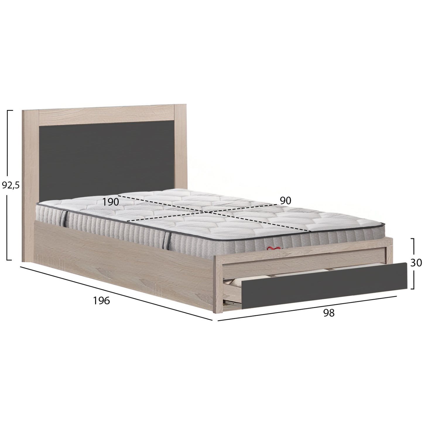BED WITH DRAWER & MATTRESS MELANY MELAMINE SONOMA/GREY FOR 90x190cm