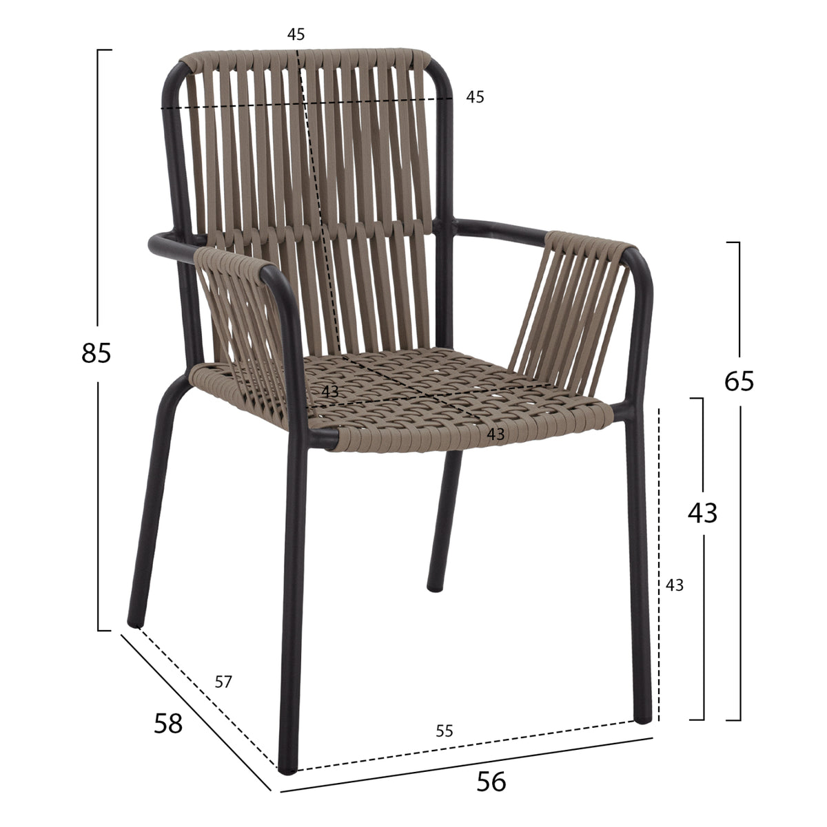 ANTHRACITE ALUMINUM ARMCHAIR WITH WIDE CAPPUCCINO ROPE 56x58x85