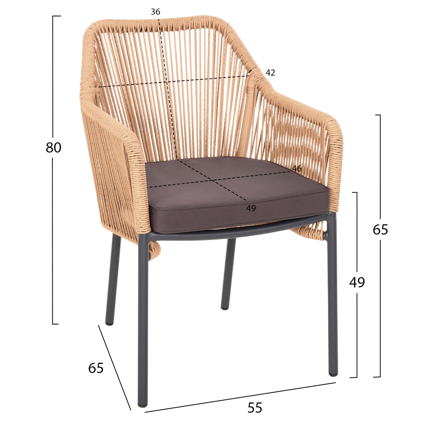 LOKKI ALUMINIUM ARMCHAIR CHARCOAL WITH PE WICKER ROPE 56x66x82