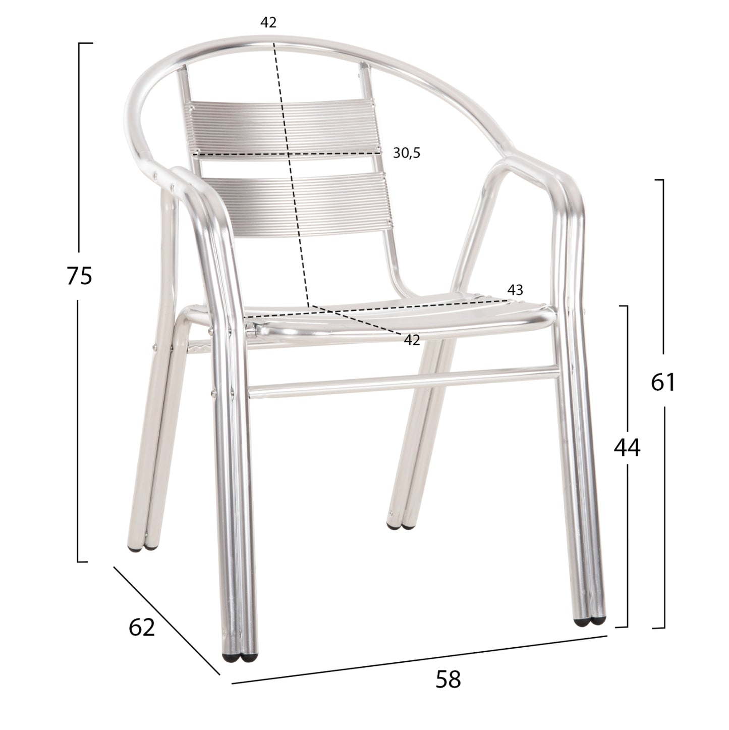 ARMCHAIR MORIS ALUMINUM IN SILVER DOUBLE FRAME WITH SLATS 58x62x75