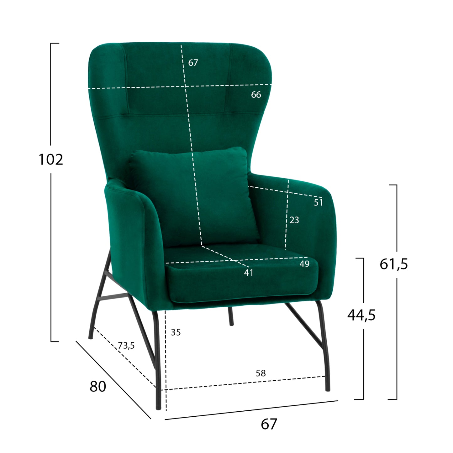 VELVET BERGERE ARMCHAIR, CYPRESS WITH BLACK METAL LEG 67x80x102