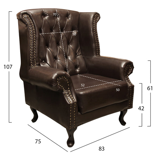 ARMCHAIR-BERGERE T. CHESTERFIELD POLINA PU DK. BROWN 83x75x107