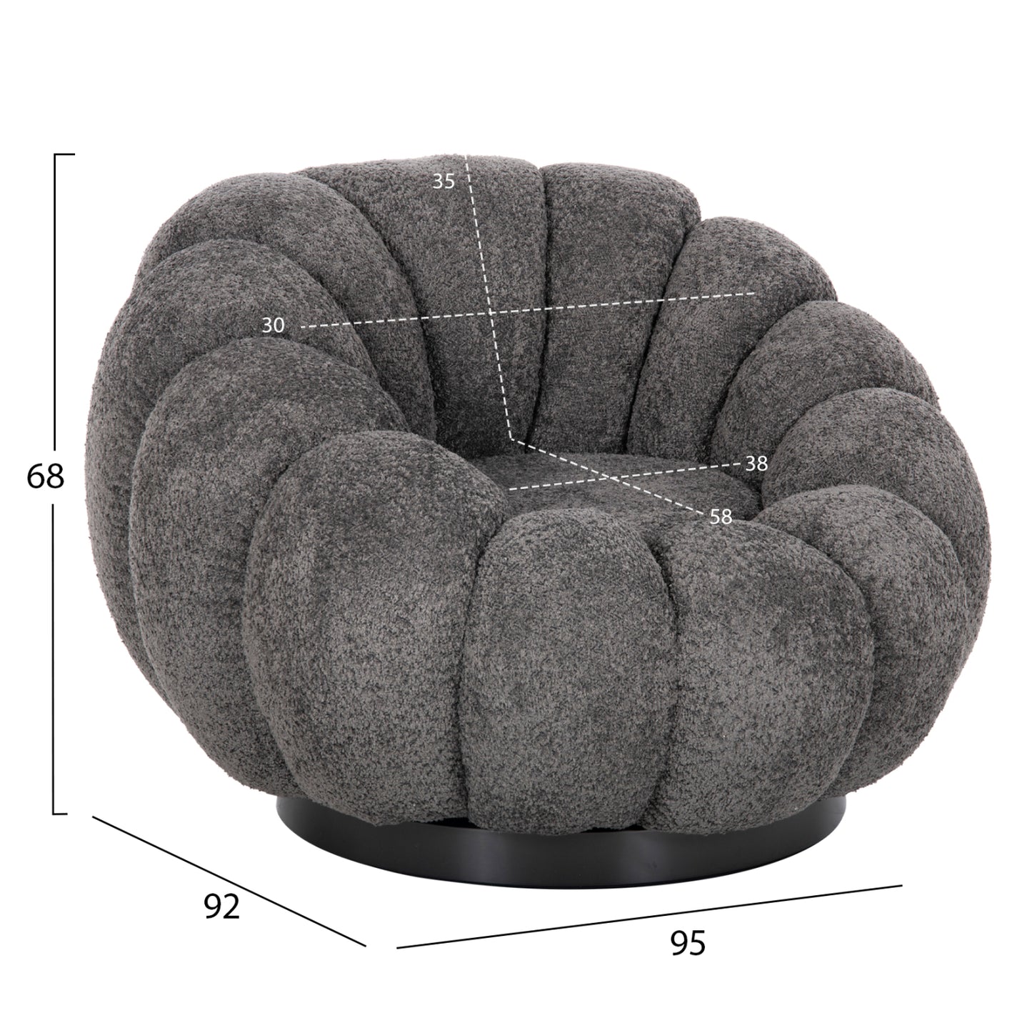 SWIVEL ARMCHAIR GRYMM GREY BOUCLE BLACK METAL BASE 95x92x68