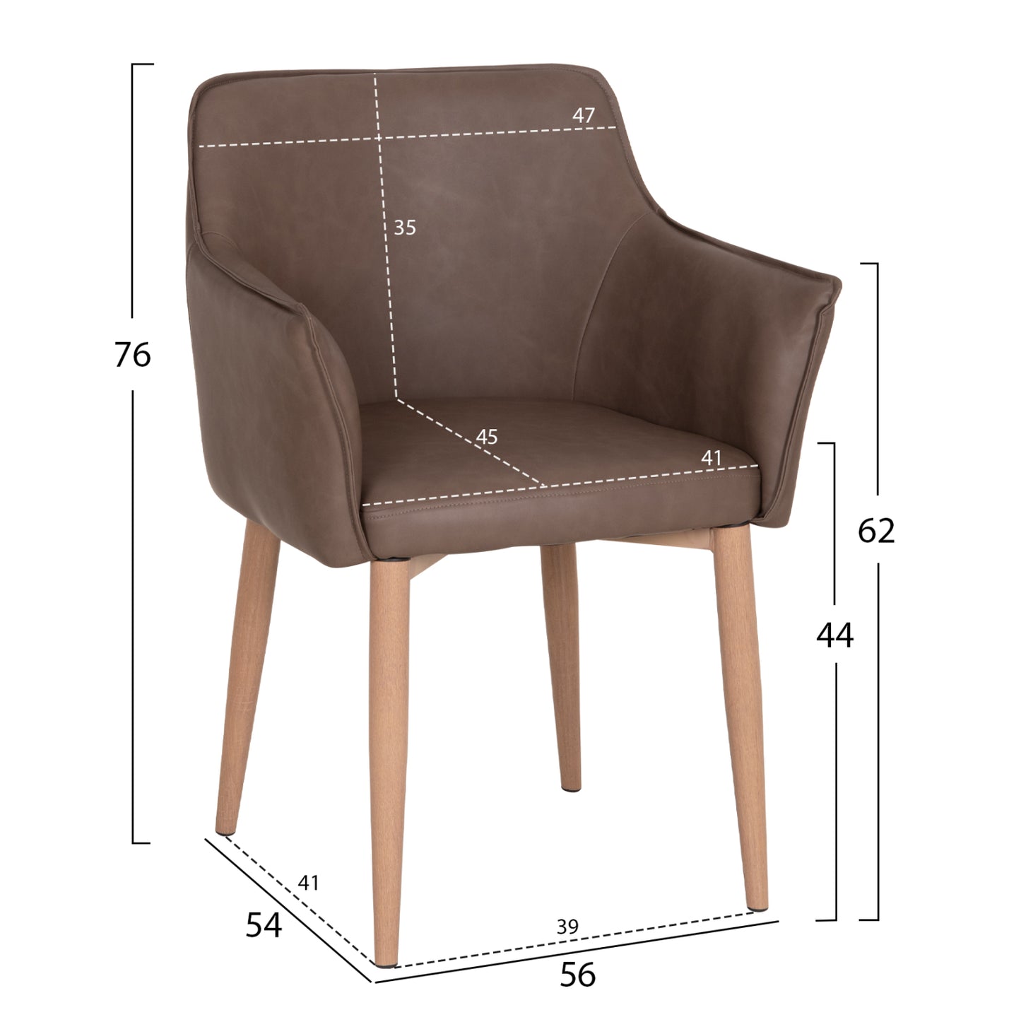 DINING ARMCHAIR MELL PU IN SMOKY BROWN WITH METAL LEGS 56x54x76