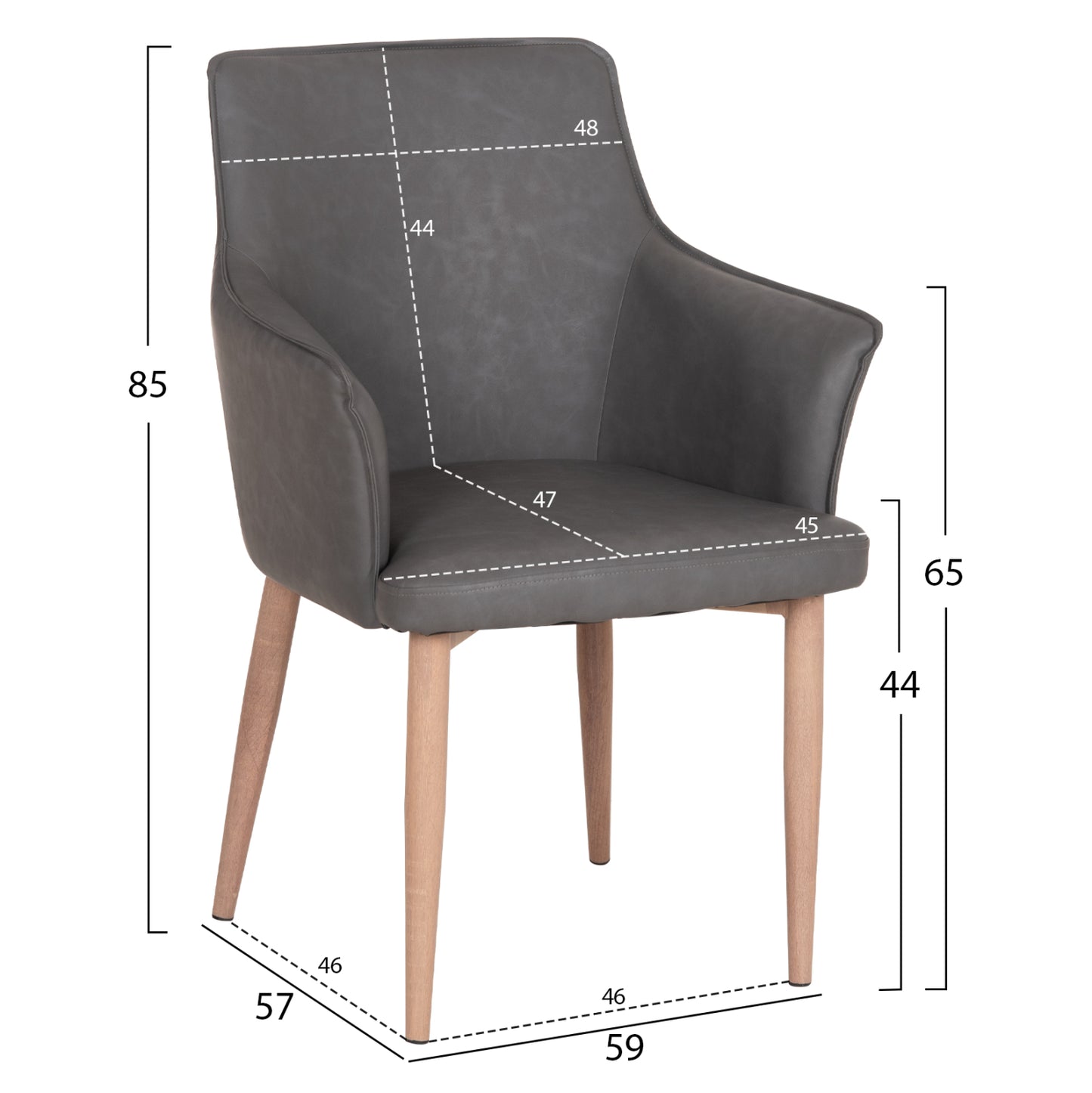 DINING ARMCHAIR MELL PU IN SMOKY GREY METAL LEGS 59x57x85
