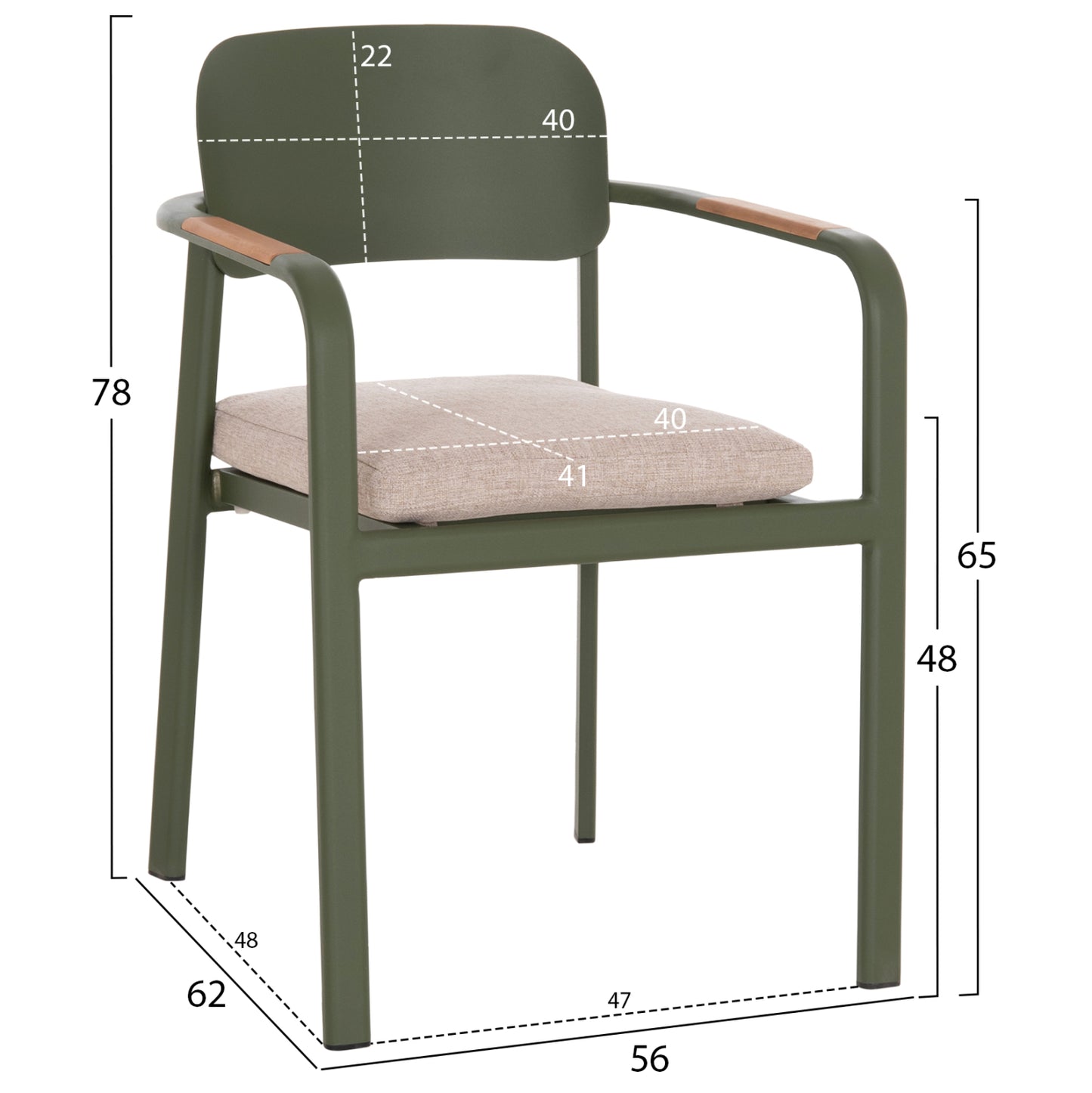 ELARA DINING ARMCHAIR GREEN ALUMINUM BEIGE OLEFIN TEAK 56x62x78