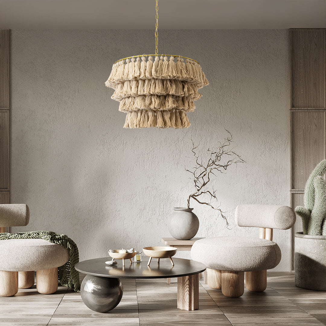 MISSOULA 02088 Boho Κρεμαστό Φωτιστικό Οροφής με Ντουί 1 x E27 AC 220-240V IP20 - Μπεζ & Χρυσό - Μ60 x Π60 x Υ40