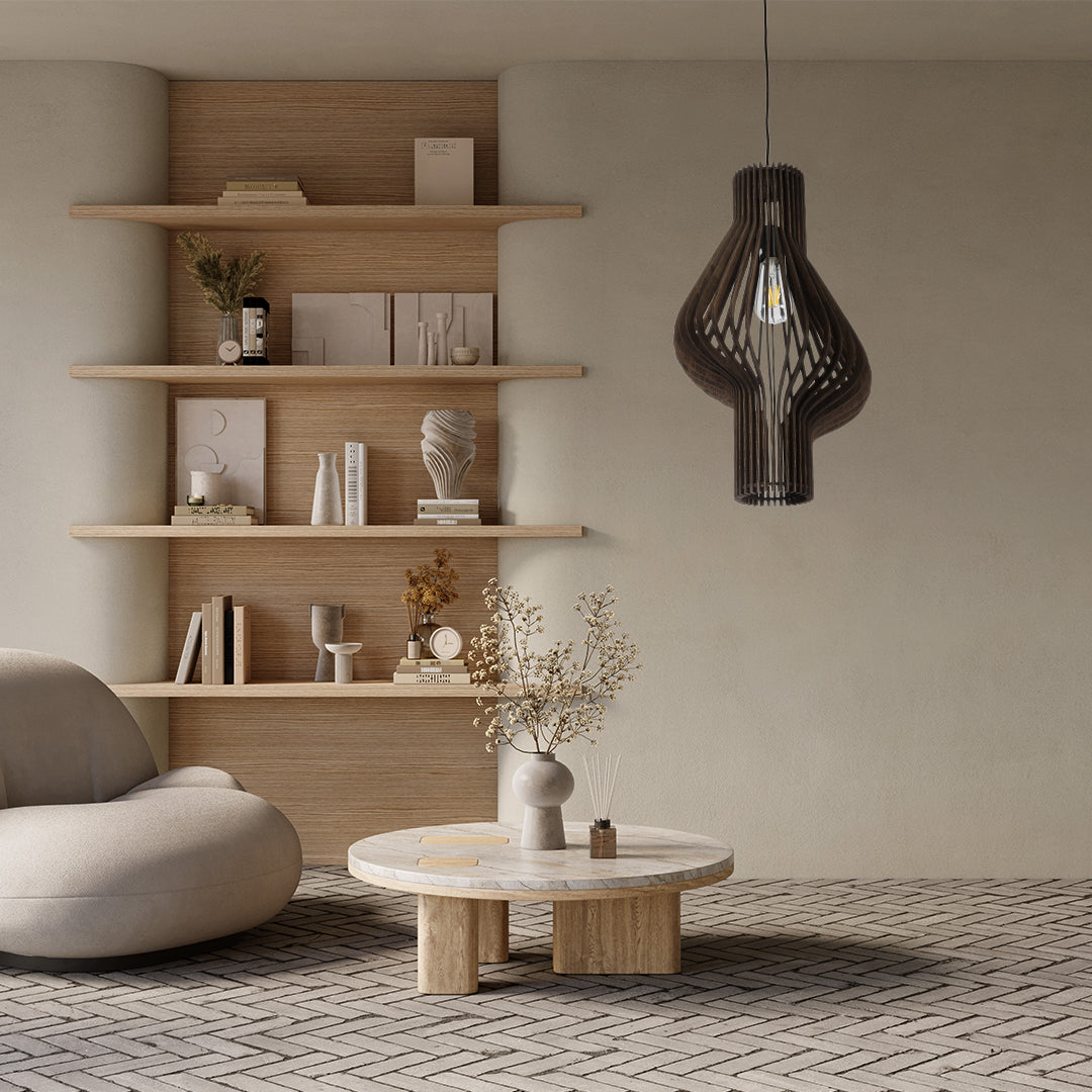 MIHIRO 02173 Boho Κρεμαστό Φωτιστικό Οροφής Μονόφωτο 1 x E27 AC220-240V IP20 - Φ32 x Υ56cm - Καφέ Σκούρο Ξύλινο Πλέγμα