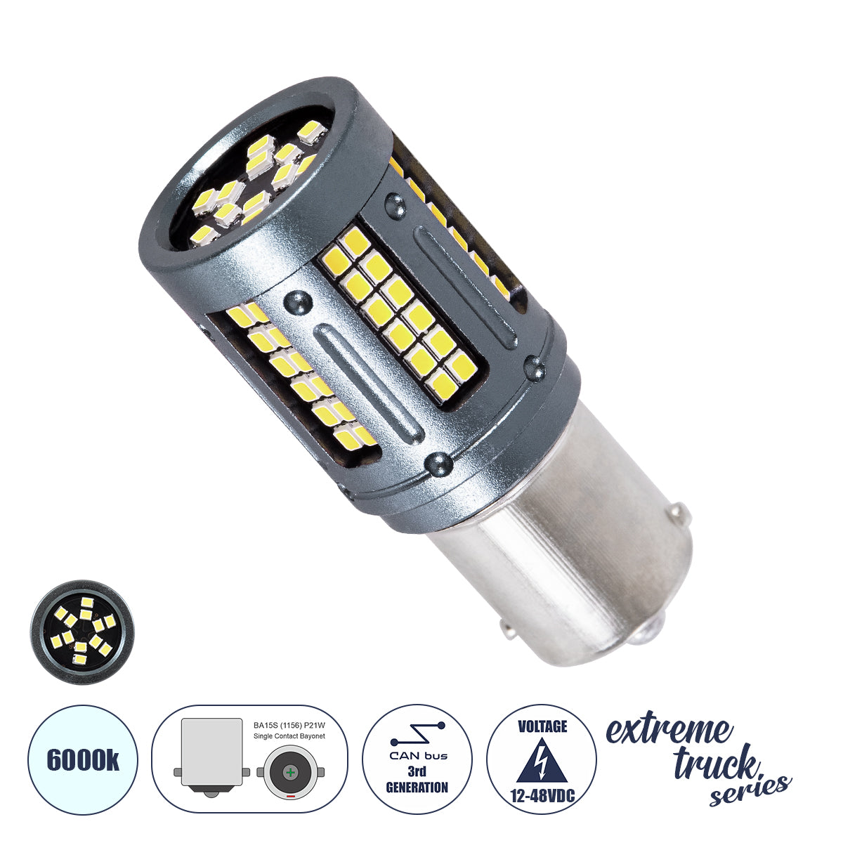 P21W-1156 81270 Λάμπα P21W 1156 BA15S CANbus LED 9.6W 1512lm 360° DC 12-48V IP20 Ψυχρό Λευκό 6000K - 84 x Epistar SMD2016 Chip - Μ2 x Π2 x Υ5