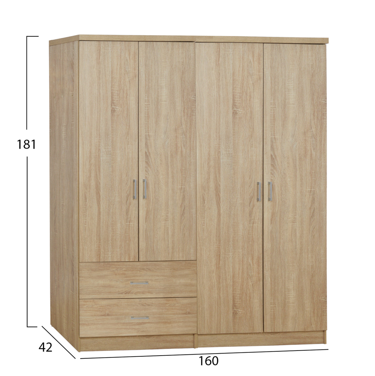 JENNA 4-DOOR WARDROBE WITH 2 DRAWERS, SONOMA MELAMINE, 160x42x181