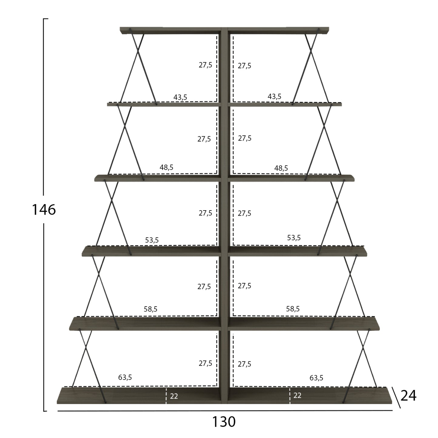 SET OF 2 MINI TARS BOOKCASES MELAMINE OLIVE GREY BLACK BARS 65x24x146 (x2)