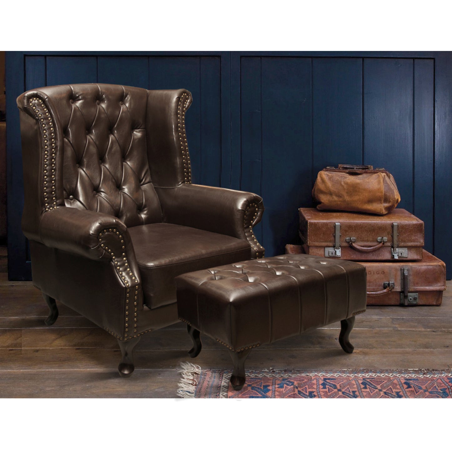 POLINA WING CHAIR SET WITH EMMA FOOTSTOOL DK. BROWN