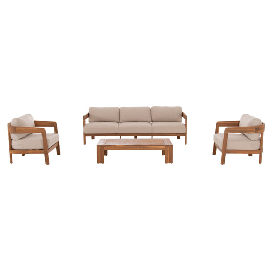 4 PC LIVING ROOM SET SOLARA ACACIA WOOD POLYESTER CUSHION COVERS ECRU
