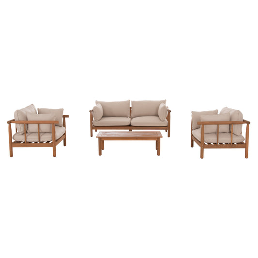 4 PCS LIVING ROOM SET ELMORA ACACIA WOOD POLYESTER CUSHION COVERS ECRU