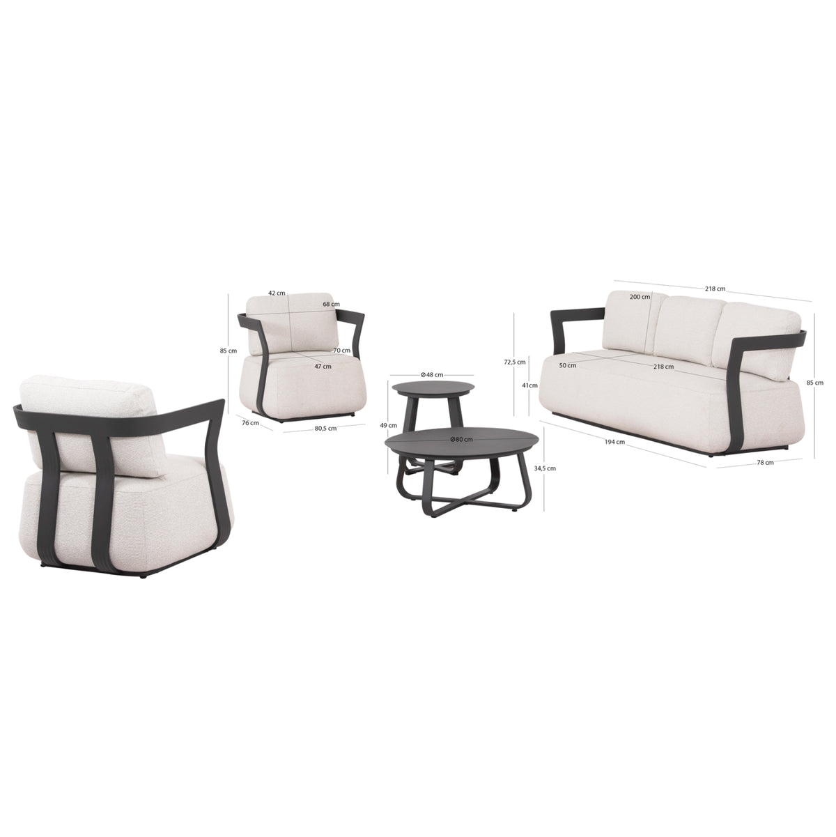 PACIFIC 5-PIECE OUTDOOR LIVING SET DARK GREY ALUMINUM CREAM FABRIC